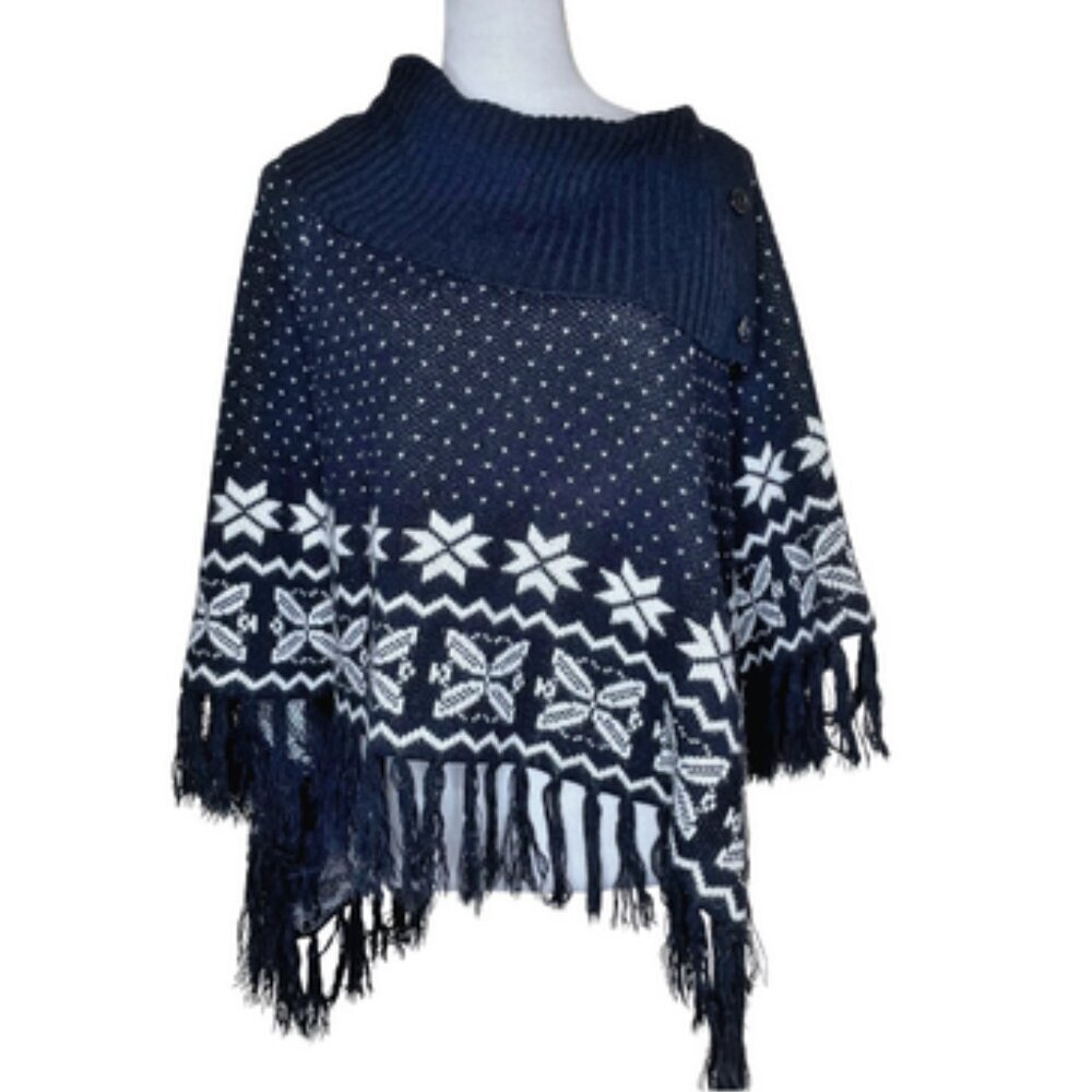 89th & Madison Black Snowflake Knit Poncho Fringe Tassel Cowl Neck Sweater Med - Picture 2 of 11